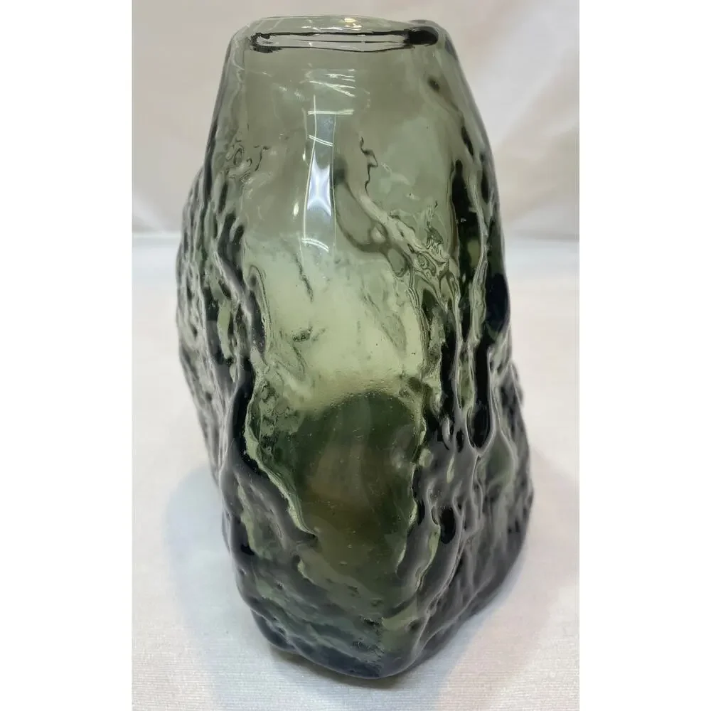 Free Form Minimalist Smoky Gray-Green Glass Vase Heavy Clear Bottom